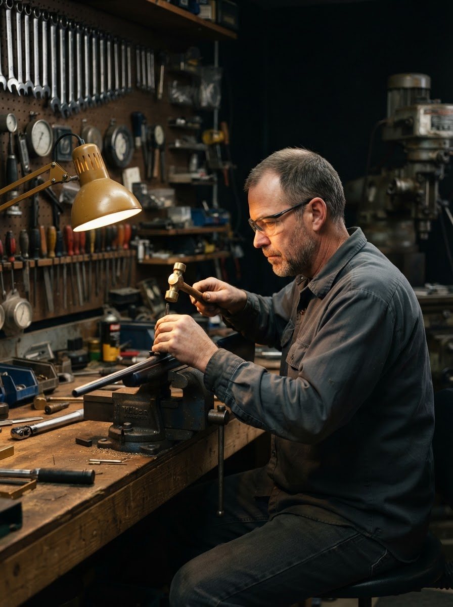 Dirk at his bench, clearly at work on a recognisable firearm — a rifle receiver held in a padded vise with a scope base being