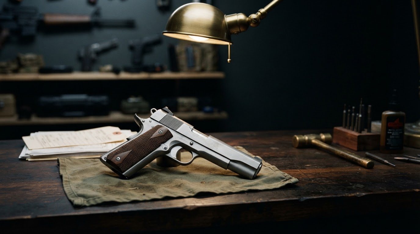 A wiped-down 1911 laid on a clean cloth at the shop counter under a single warm counter lamp, a small shelf of quality
