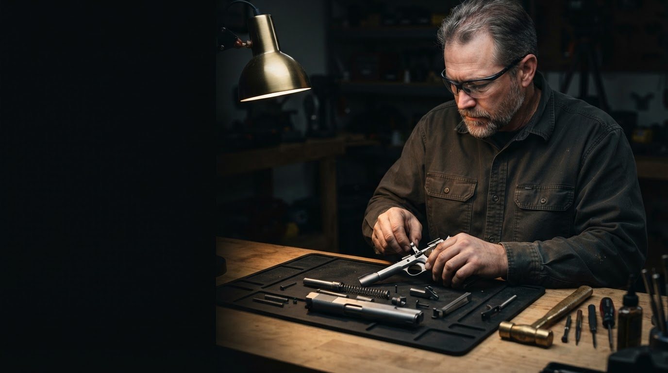 Dirk at his workbench, a 1911 pistol broken down in front of him — slide, recoil spring and small parts laid in order