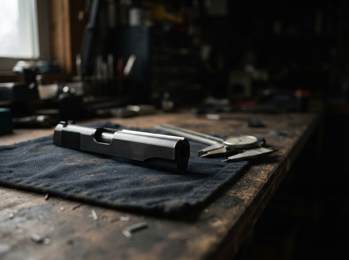 A finished 1911 slide laid on a dark bench cloth, the machined Marvel cut clean and unmistakably deliberate along its top