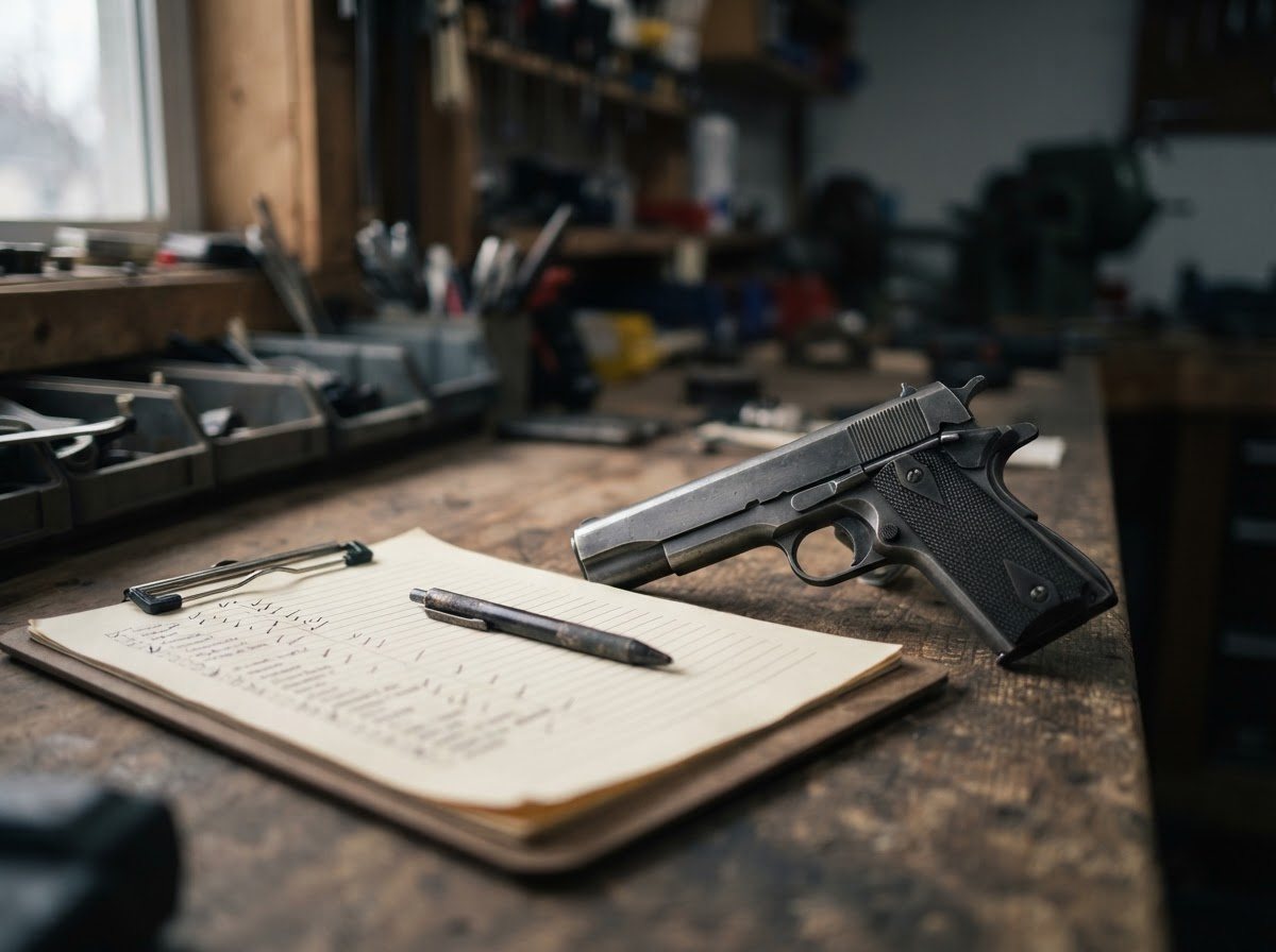 A marked-up inspection checklist on a clipboard resting on the bench beside a reassembled pistol, a pen laid across it